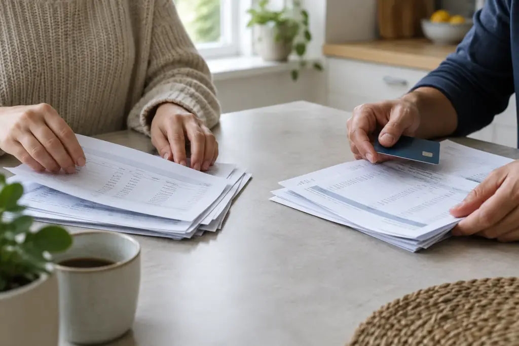 Deux personnes séparent des relevés bancaires et une carte sur une table.