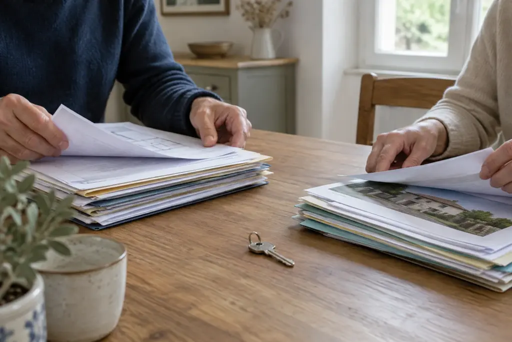 Des documents immobiliers et une clé séparés sur une table, évoquant les effets du divorce sur les biens.