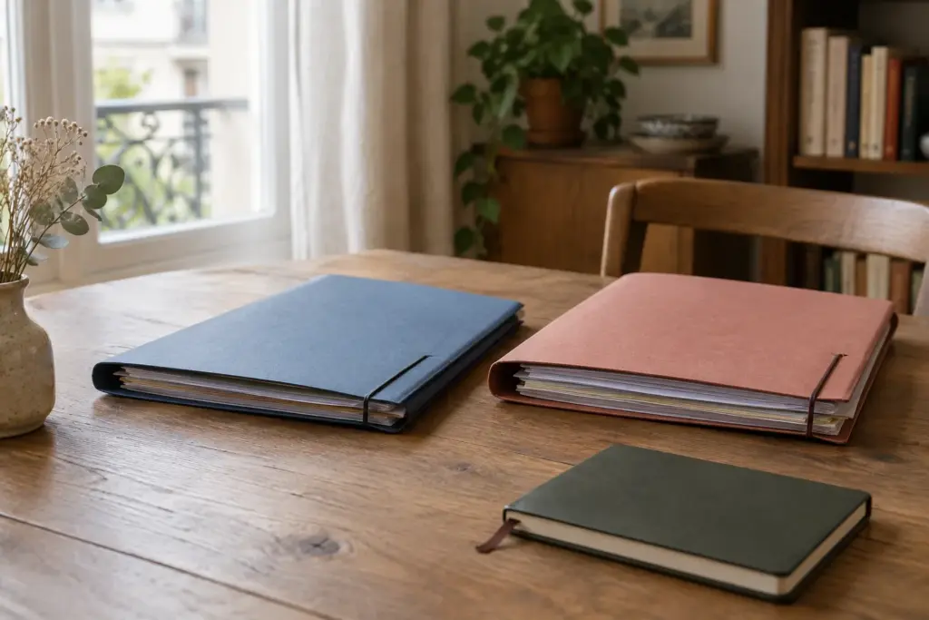 Deux dossiers posés sur une table, évoquant les démarches juridiques d’un divorce accepté.