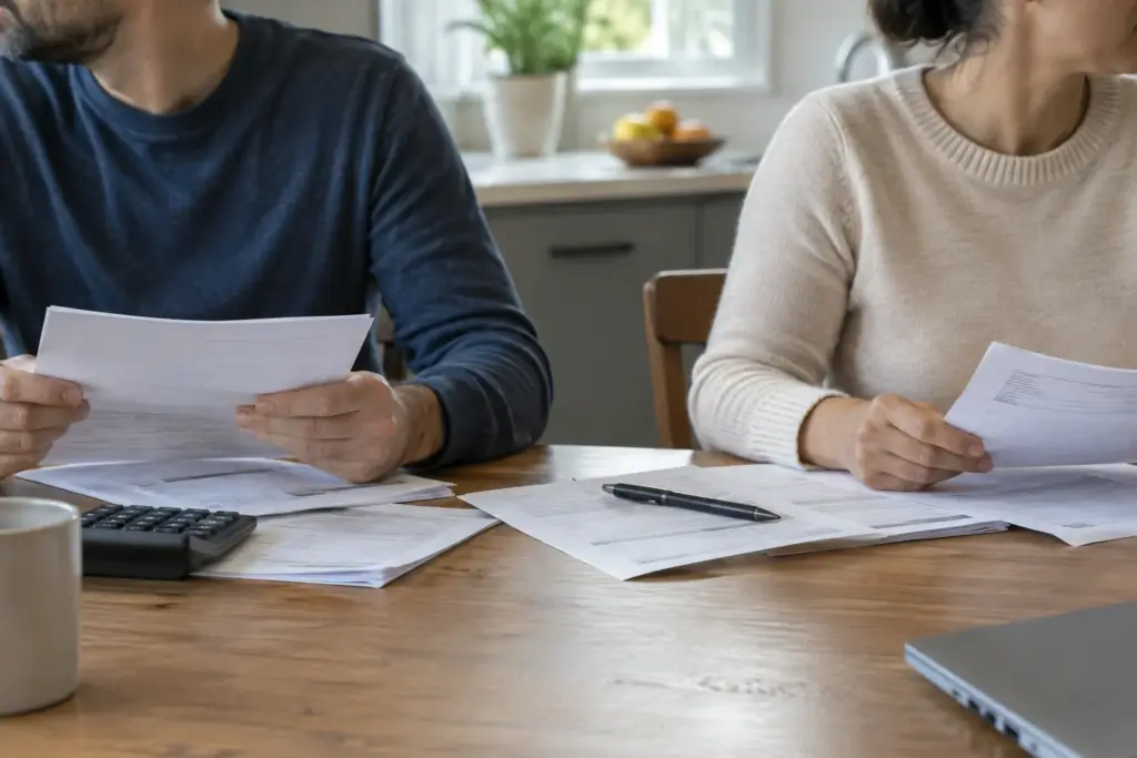 Deux personnes examinent des documents de prêt posés sur une table.