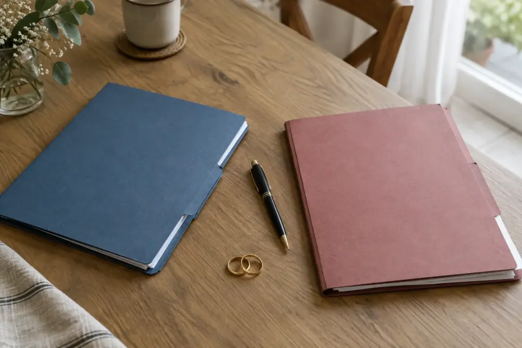Une convention de divorce et un stylo posés sur une table, avec deux alliances à proximité.