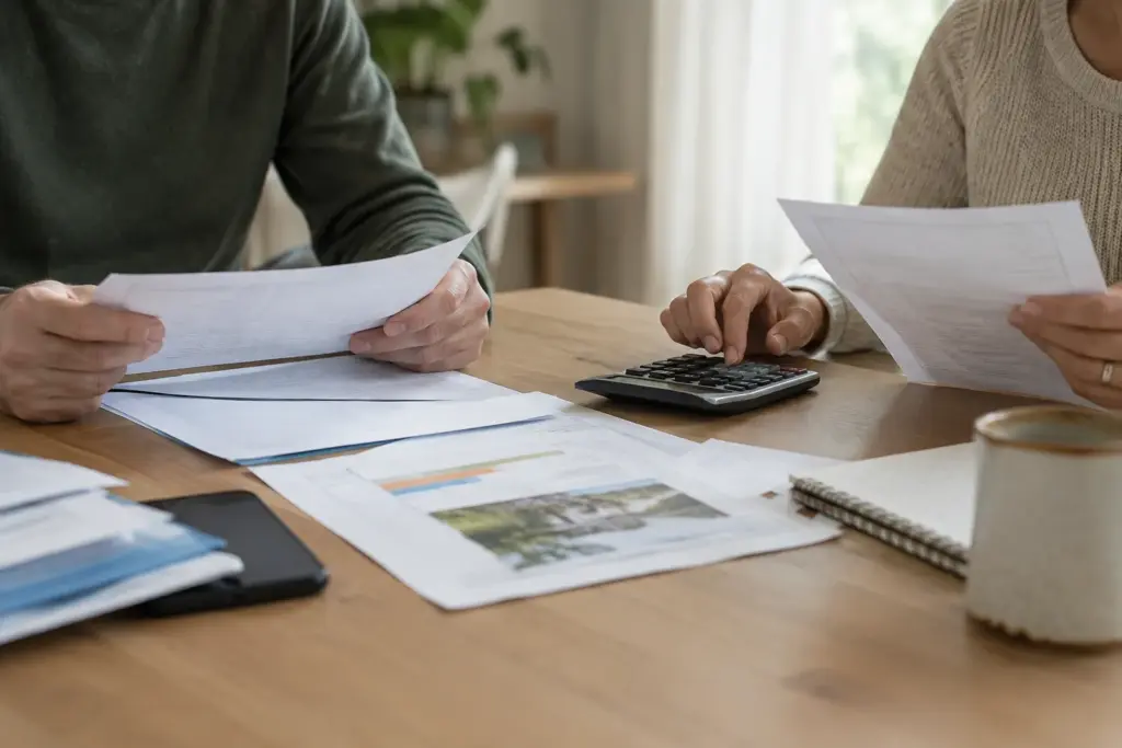 Deux parents examinent des documents et un calculateur pour réévaluer la contribution financière destinée à leur enfant.