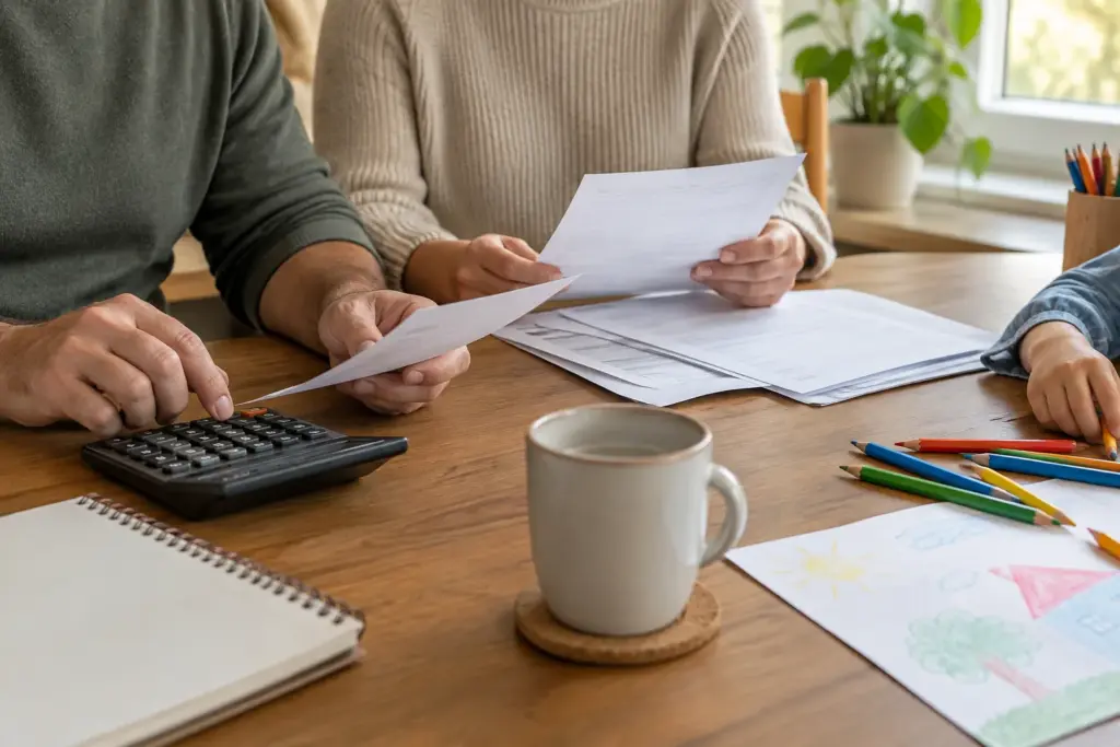 Des documents, une calculatrice et des crayons d’enfant réunis sur une table pour évoquer l’organisation financière après une séparation.
