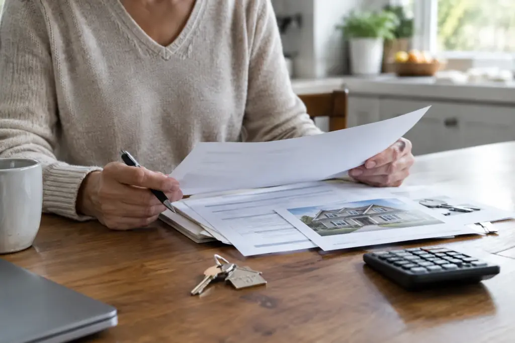 Documents immobiliers et clés posés sur une table lors de démarches de rachat d’un logement après un divorce.